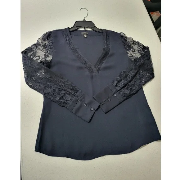 Express Black Lace Sleeve V Neck Sheer Blouse Top Women's Size 6 - Picture 6 of 9